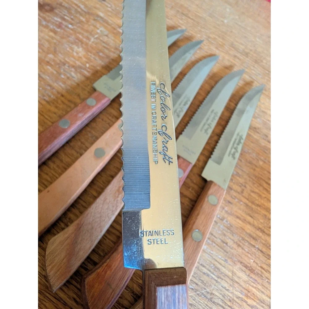Vintage Color Craft Steak Knife Set 6pc Stainless Steel Wood Handle 1970s Retro